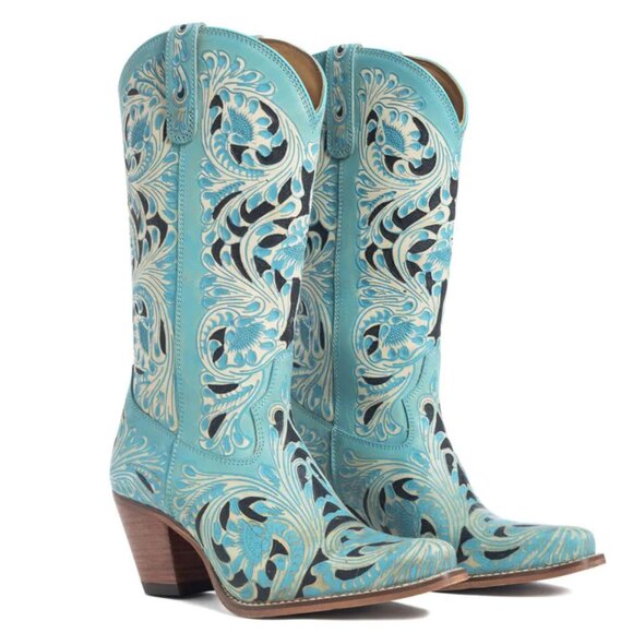 Myra Bag Shoes - MYRA BAG Kasiopeah Hand Tooled Mid Calf Turquoise Cowboy Boots 6-11